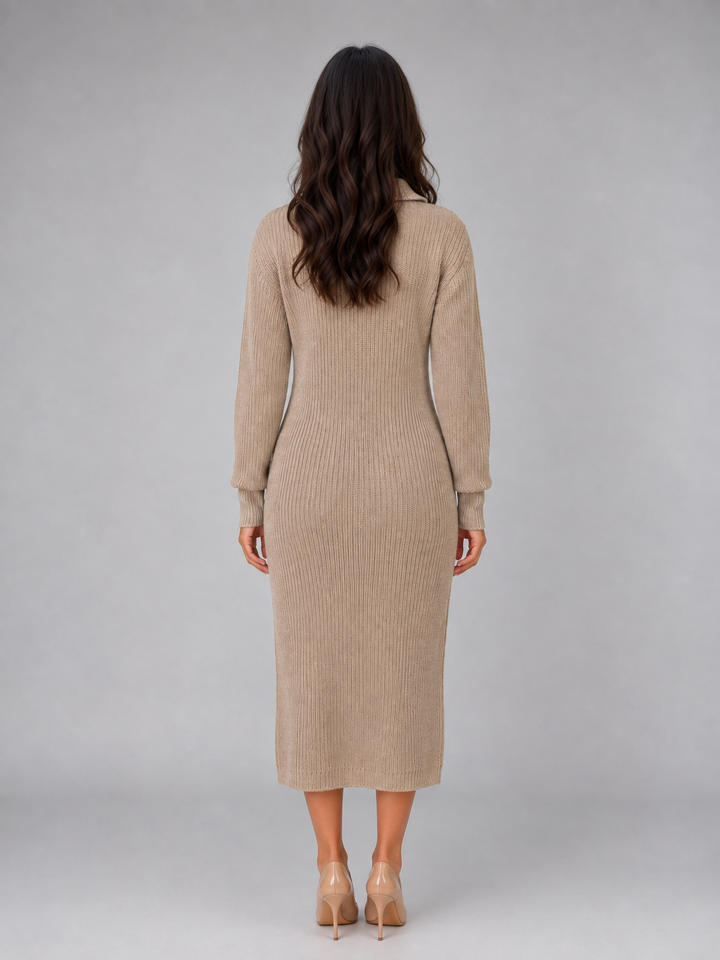 Women's Ribbed Midi Dress with Button Neck
