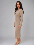 Women's Ribbed Midi Dress with Button Neck