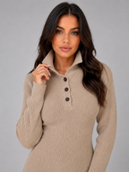 Women's Ribbed Midi Dress with Button Neck
