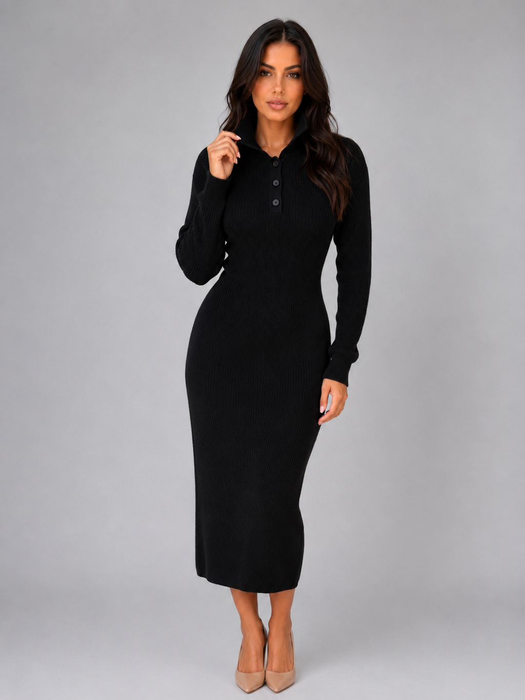 Women's Ribbed Midi Dress with Button Neck