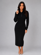 Women's Ribbed Midi Dress with Button Neck