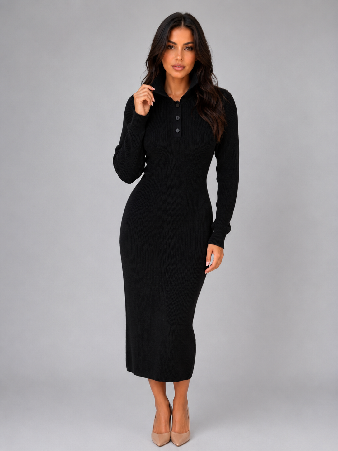 Women's Ribbed Midi Dress with Button Neck