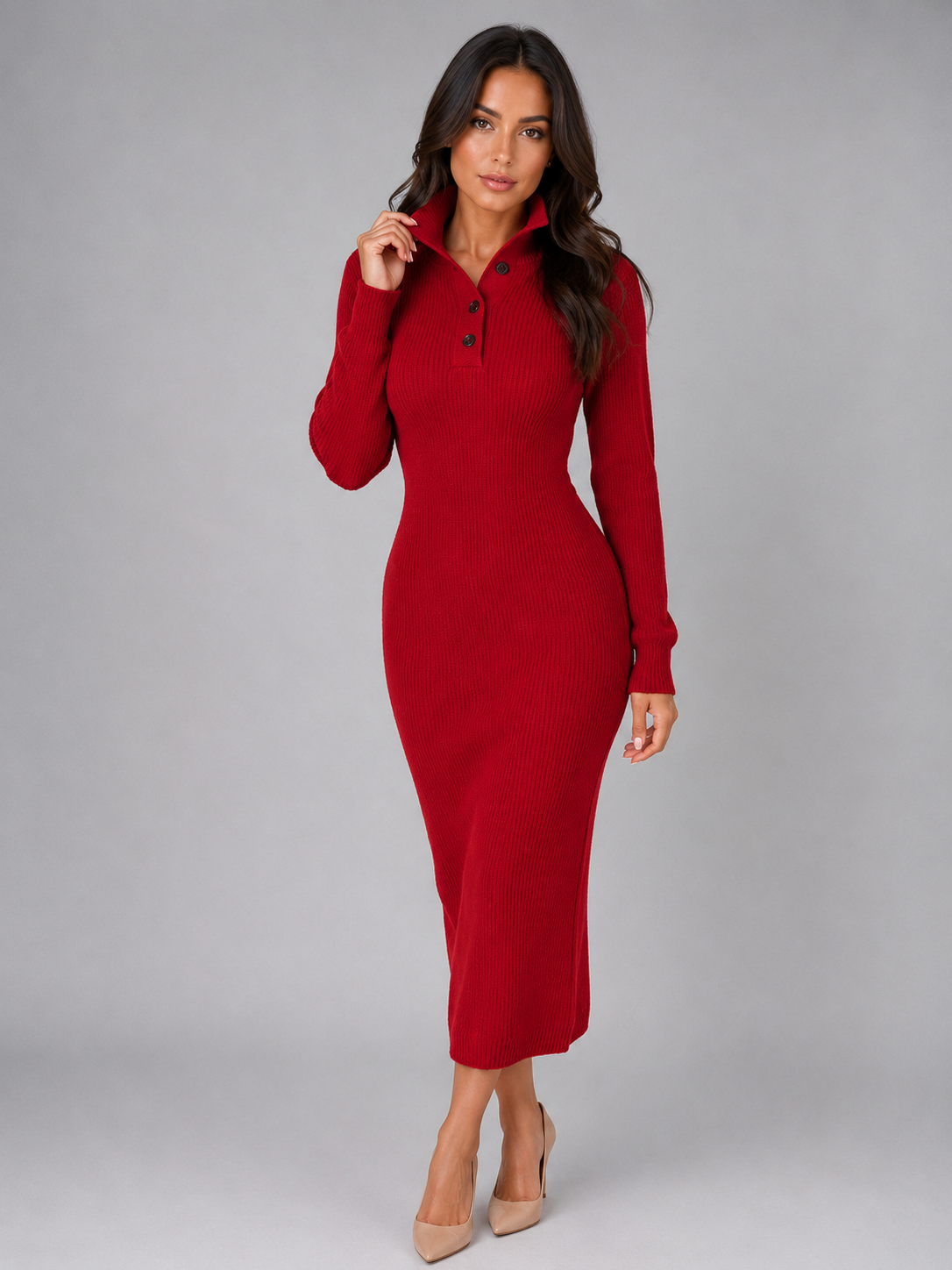 Women's Ribbed Midi Dress with Button Neck