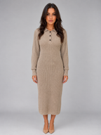 Women's Ribbed Midi Dress with Button Neck