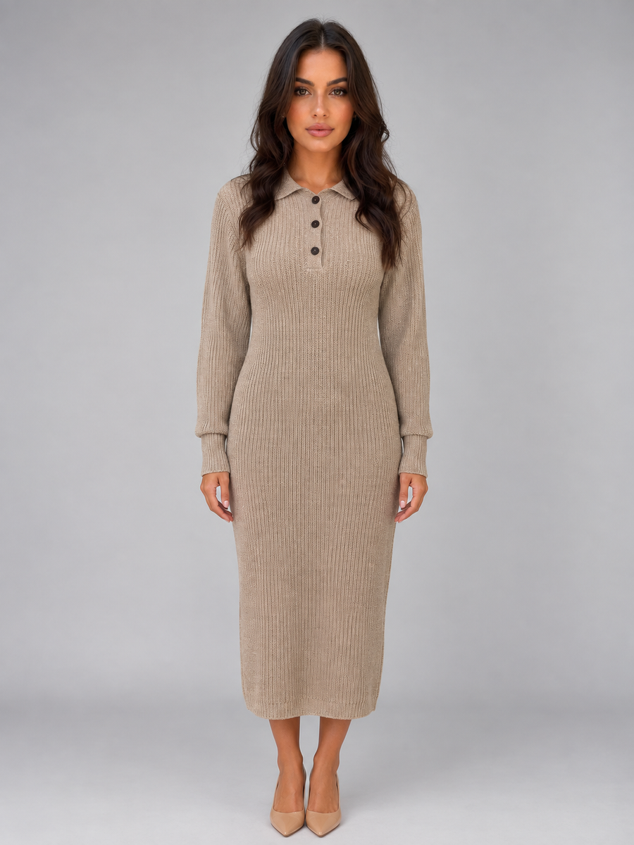 Women's Ribbed Midi Dress with Button Neck