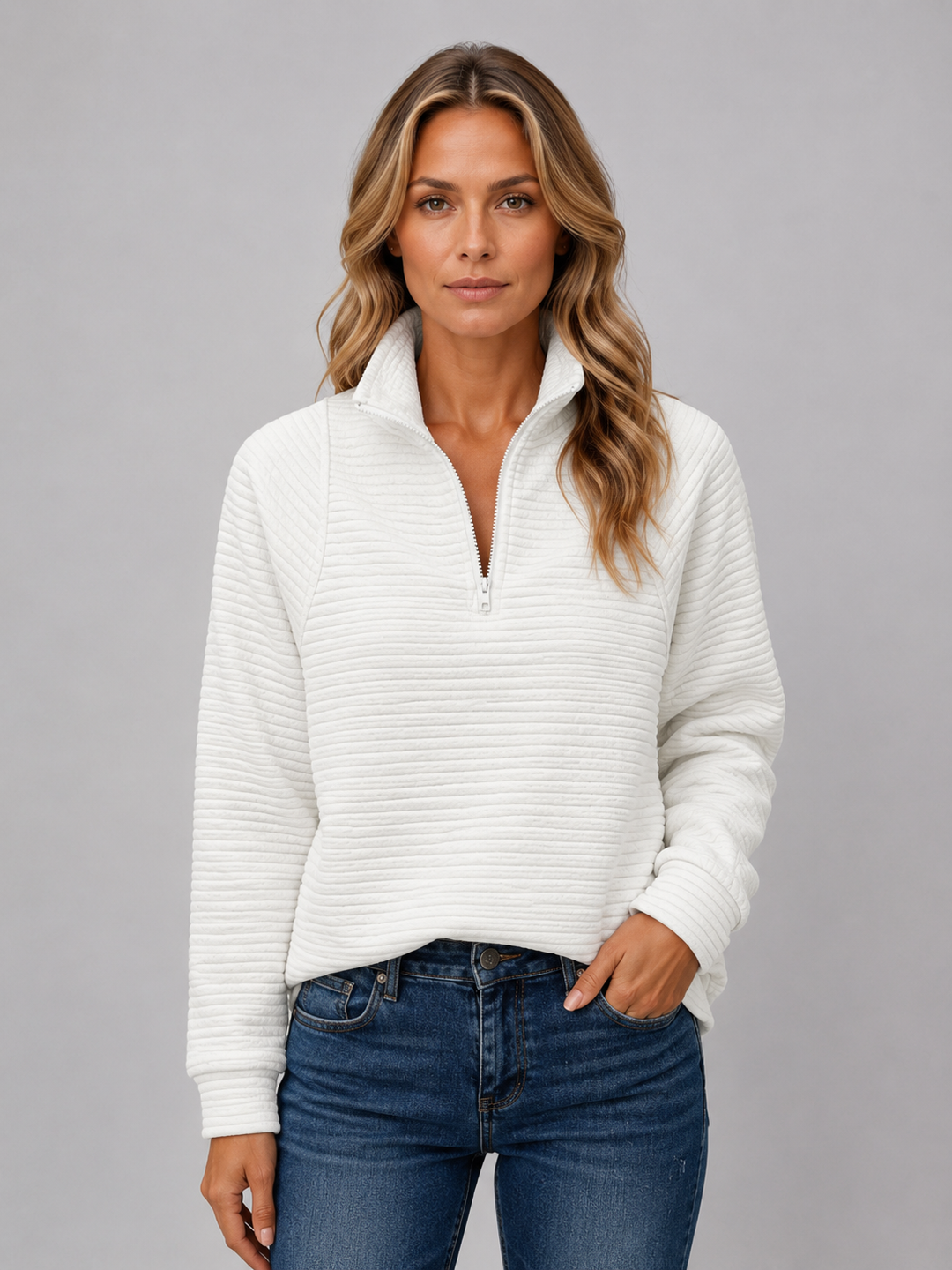 Women's Ribbed Pullover with Half Zip Neck
