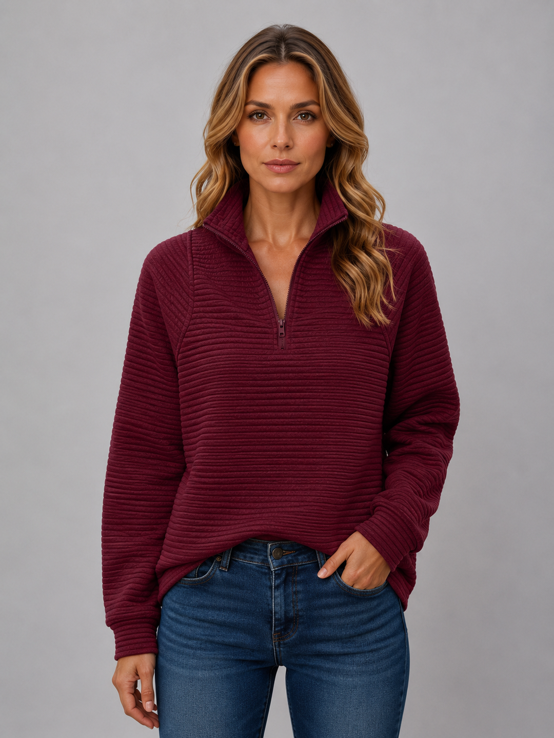 Women's Ribbed Pullover with Half Zip Neck