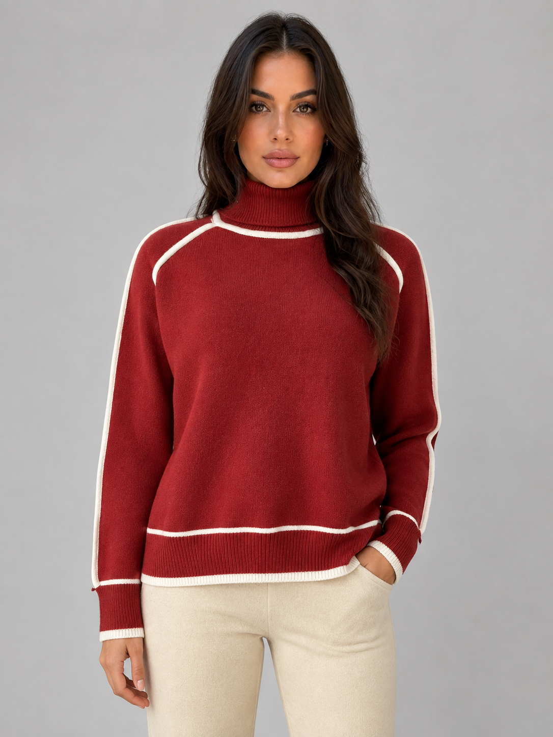 Women’s Roll Neck Jumper with Contrast Trim