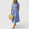 Women's Striped Button-Down Midi Shirt Dress with Pockets