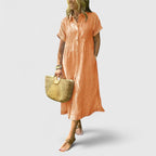 Women's Striped Button-Down Midi Shirt Dress with Pockets
