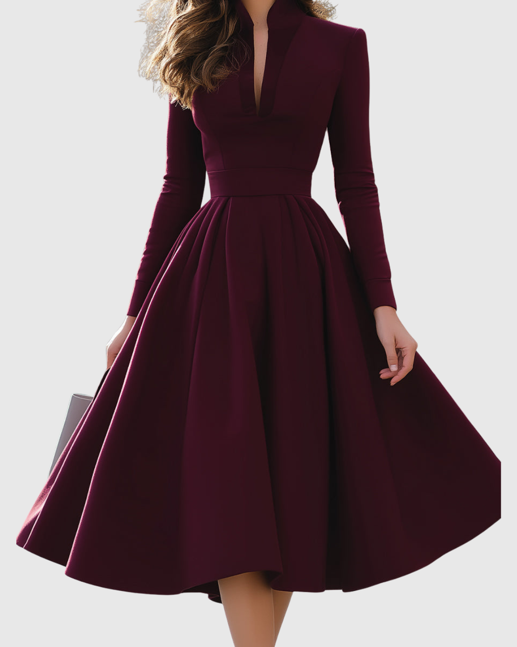 Women’s V-Neck Midi Dress with Pleated Skirt