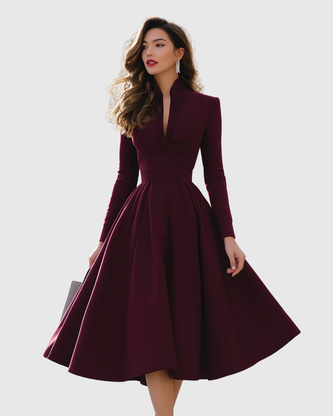 Women’s V-Neck Midi Dress with Pleated Skirt