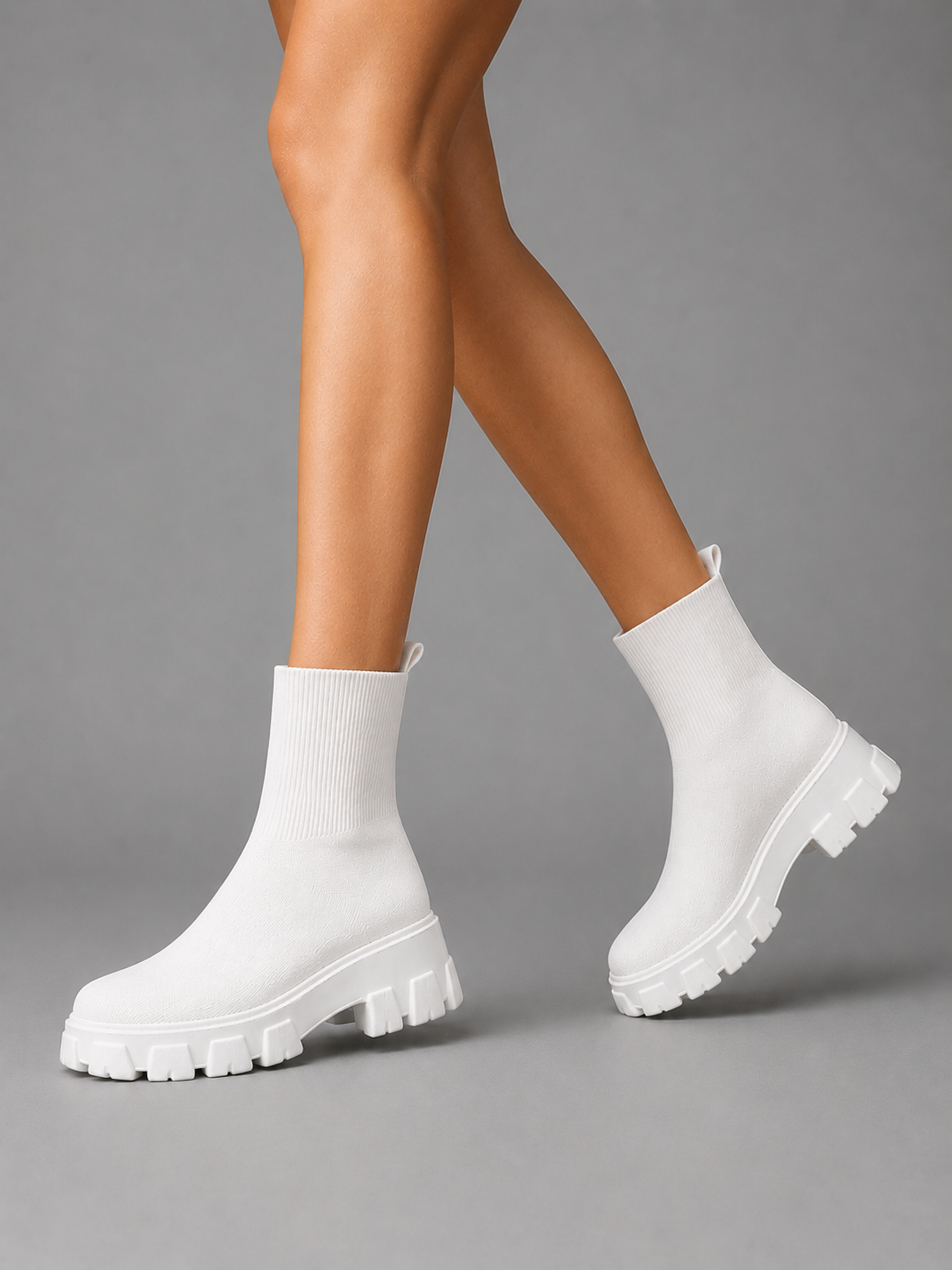 Women's White Stretch Boots with Chunky Sole