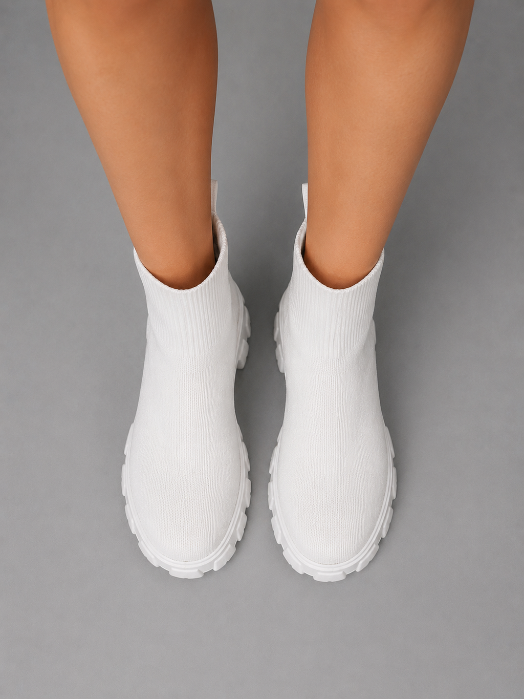 Women's White Stretch Boots with Chunky Sole