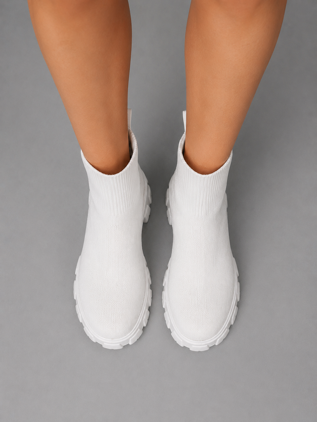 Women's White Stretch Boots with Chunky Sole