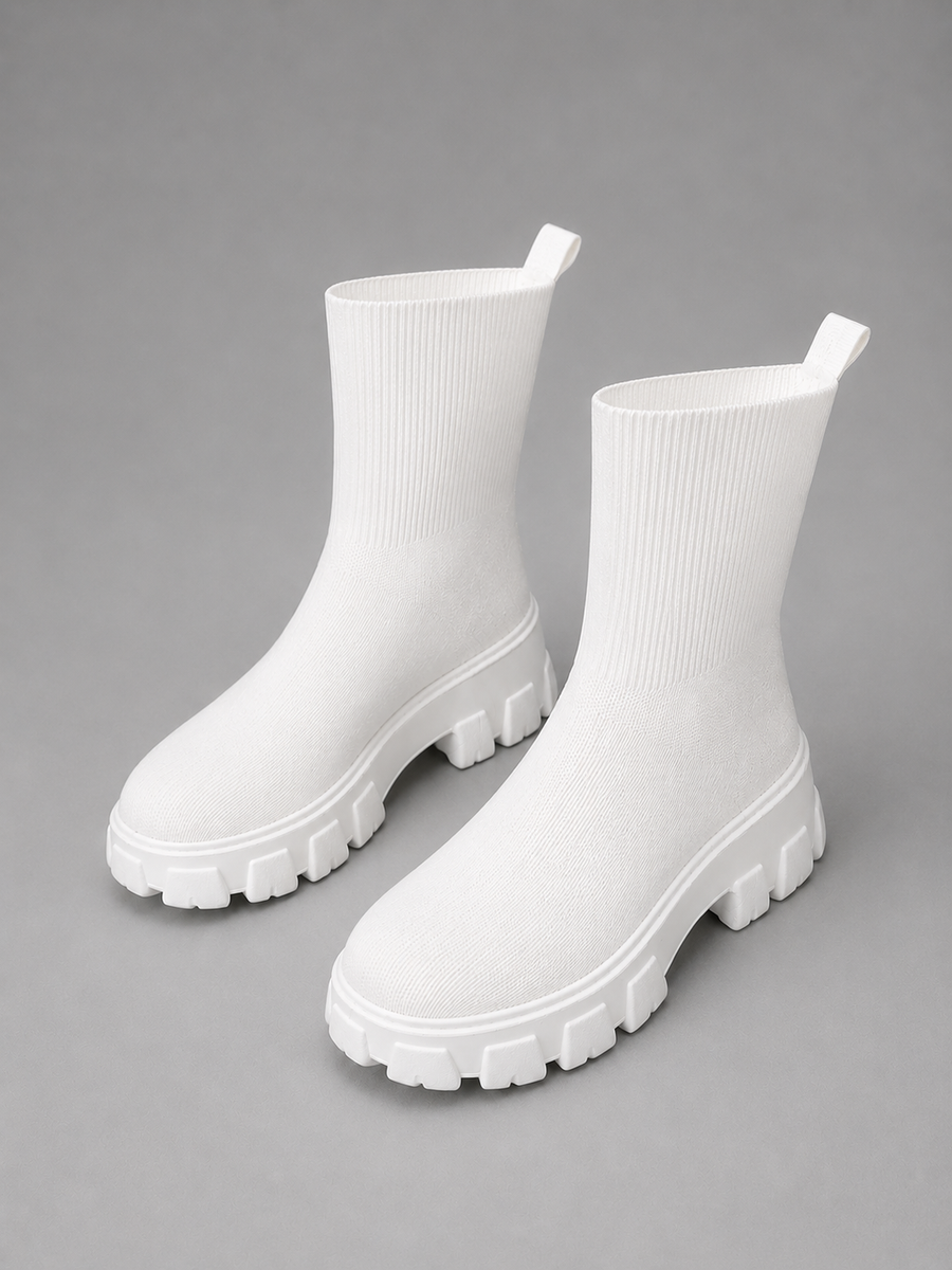 Women's White Stretch Boots with Chunky Sole