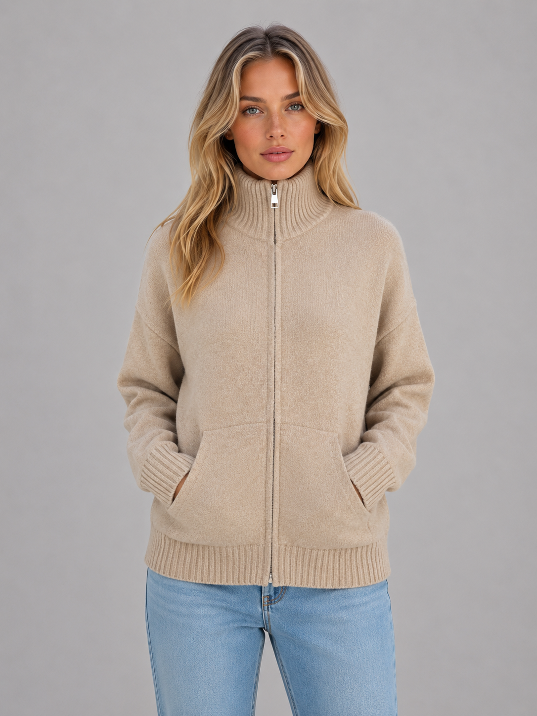 Women's Zip Up Sweater with Funnel Neck