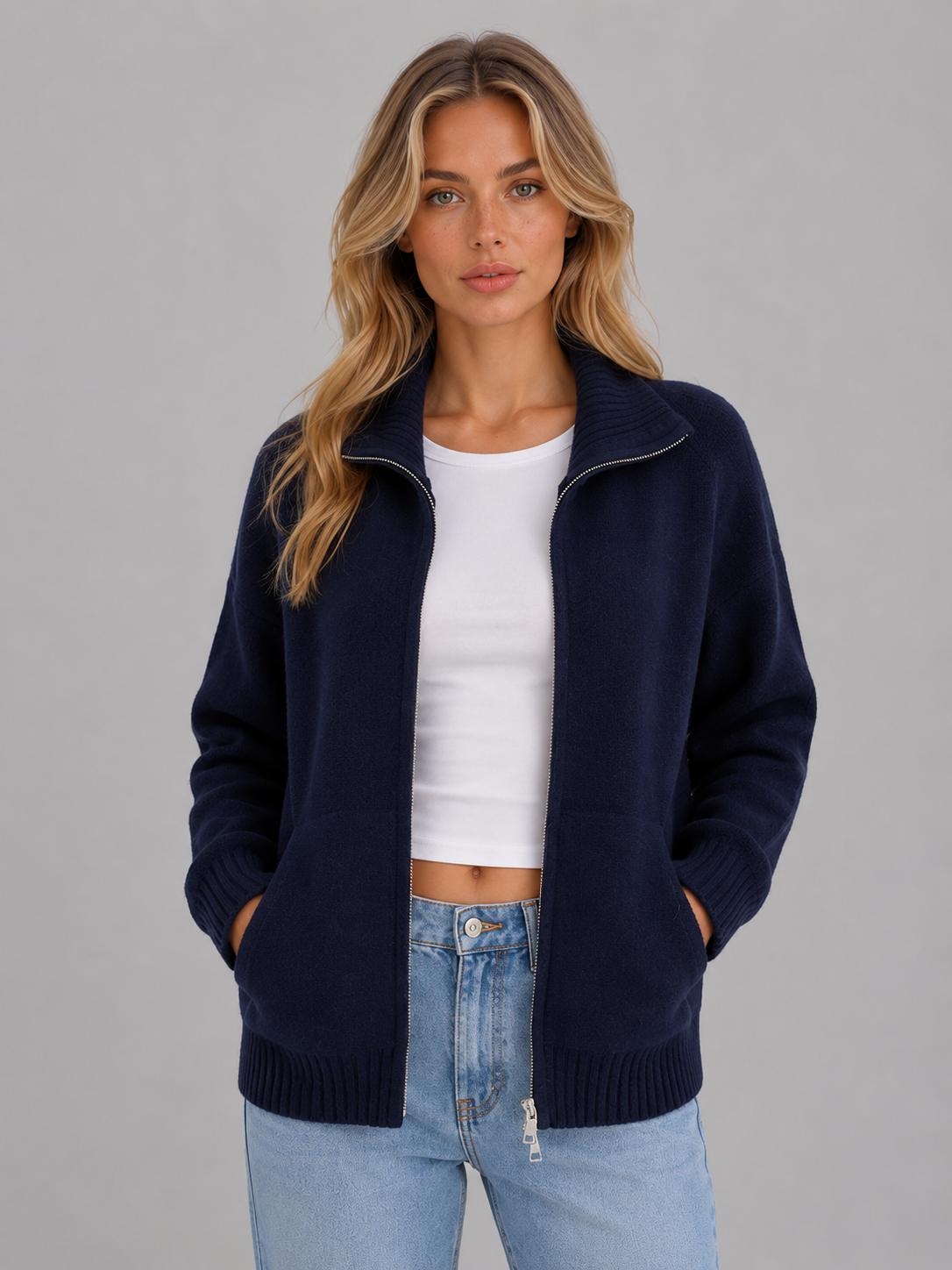 Women's Zip Up Sweater with Funnel Neck