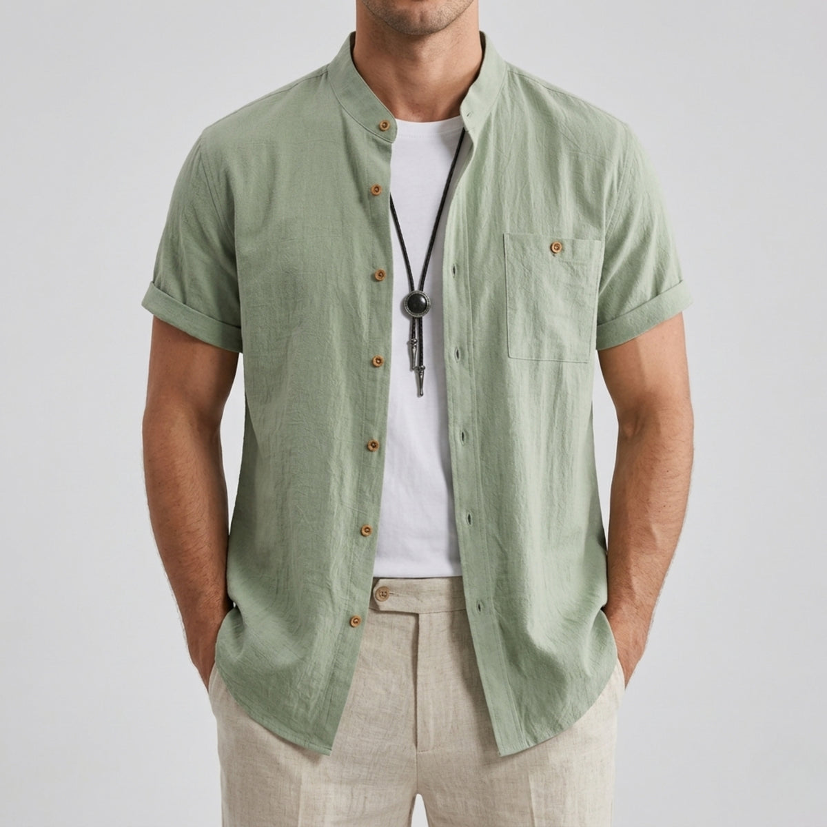 Men's Linen Shirt, Mandarin Collar