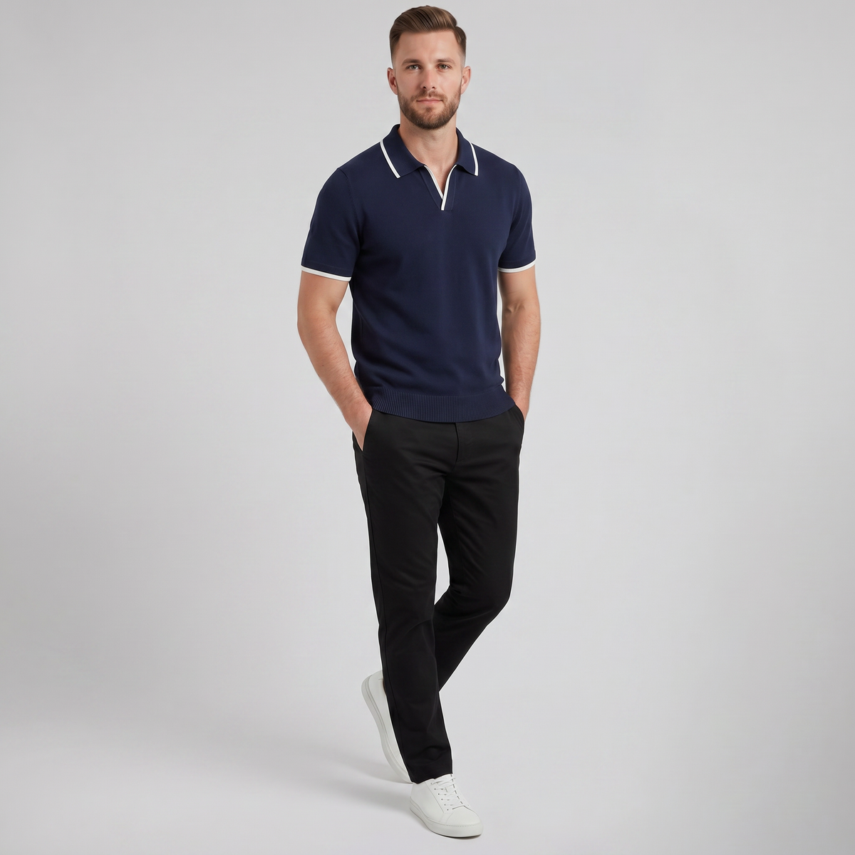 Men's Knit Polo Shirt, Tonal Contrast